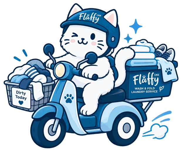 Fluffy Laundry delivery mascot on a scooter with a laundry basket